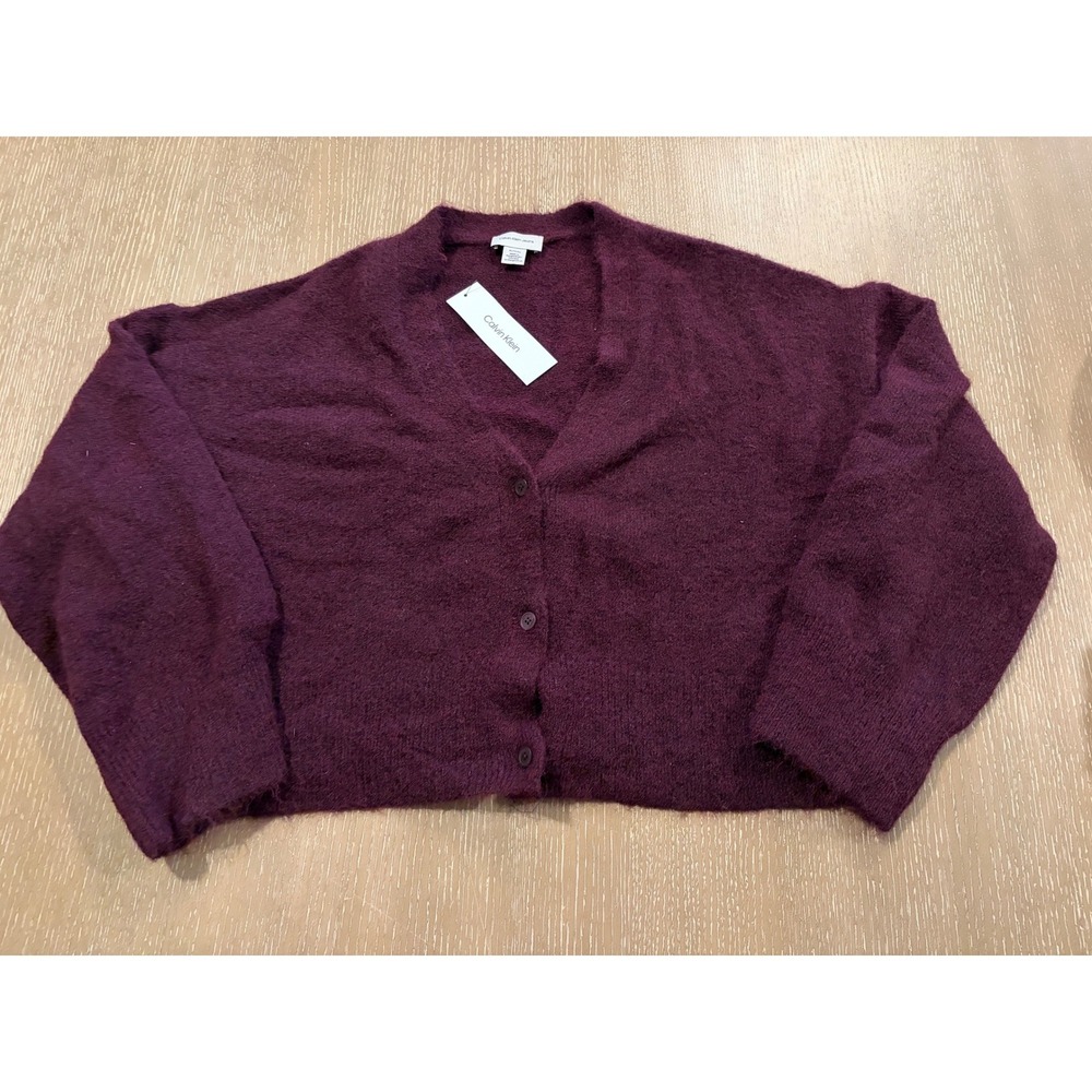 Calvin Klein Jeans Women's XL Burgundy Fuzzy Knit V-Neck Cardigan Sweater NWT